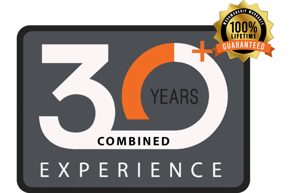 30+ years combined experience badge with lifetime workmanship guarantee seal