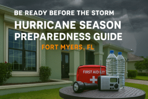 Florida home with storm clouds and emergency hurricane supplies including water, flashlight, radio, and first aid kit on a table, promoting hurricane preparedness in Fort Myers