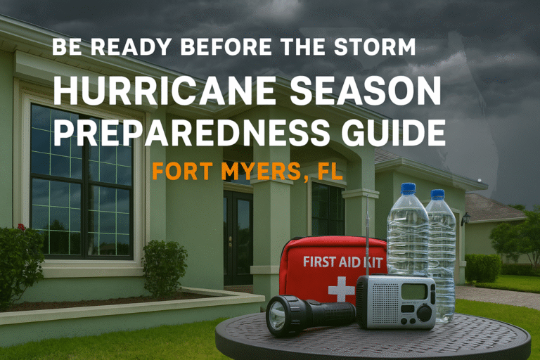 Florida home with storm clouds and emergency hurricane supplies including water, flashlight, radio, and first aid kit on a table, promoting hurricane preparedness in Fort Myers