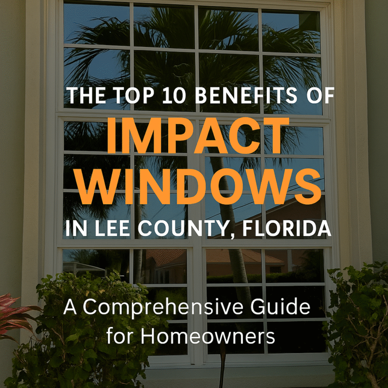 Promotional graphic showing a large impact window with palm trees reflected in the glass, featuring text about the top 10 benefits of impact windows for Lee County homeowners
